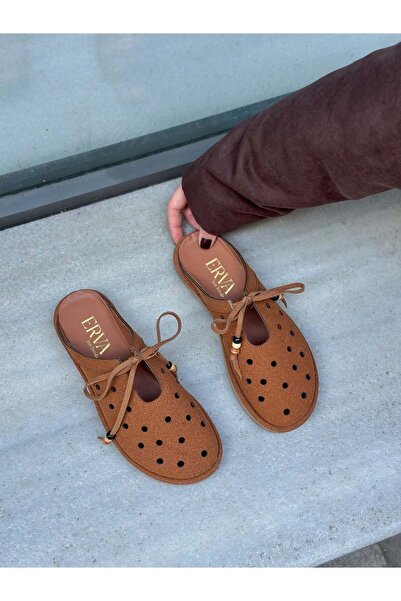 ERVANIN BUTİĞİ Tan Suede (Yury) Laser Cut Bead Detail Slippers