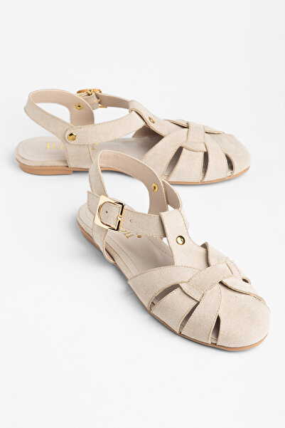 RİSSOLİ Women's Beige Suede Ankle Strap Buckle Casual Sandals