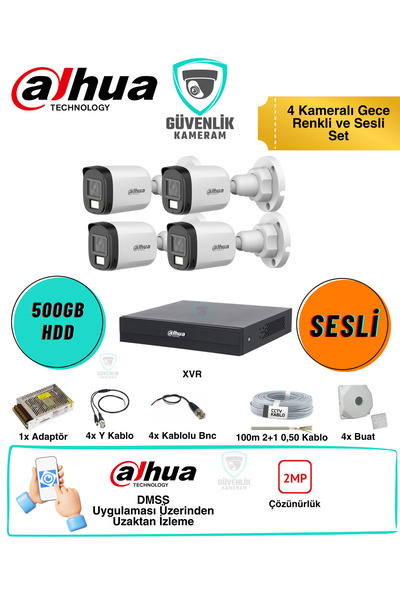 DAHUA 4 Kameralı Gece Renkli Güvenlik Seti 2MP Sesli 500GB HDD 4 Kanal XVR AH...