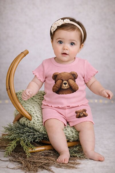 neocotton Baby Girl Teddy Bear Printed 2-Piece Ribbed Shorts Set