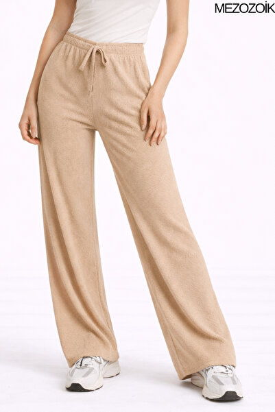 mezozoik Women's Wrinkled Fabric High Waist Loose Ribbed Summer Palazzo Trous...