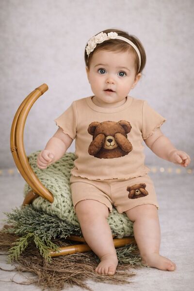 neocotton طقم شورت مضلع مكون من قطعتين مطبوع عليه دمية دب للفتيات الصغيرات