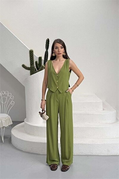 Dipmoda Set de vară din două piese pentru femei, verde, cu vestă cu nasturi ș...