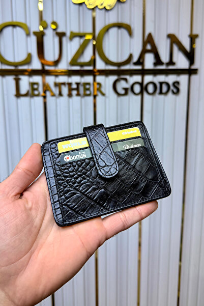 CüzCan Jorvik Croco Black Genuine Leather Card Holder (Personalized Name Prin...
