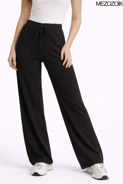 mezozoik Women's Wrinkled Fabric High Waist Loose Ribbed Summer Palazzo Trous...