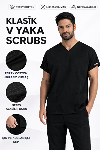 İNCİ ÜNİFORMA Siyah Terry Cotton Likrasız Scrubs V Yaka Doktor Hemşire Eczacı...
