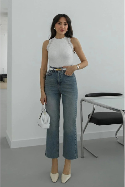 My Blog Μπλε τζιν με λεπτομέρεια στο κομμένο τελείωμα του ποδιού - 520