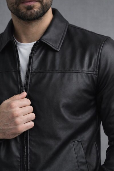 BASEL.CO Βασικό Δερμάτινο Μπουφάν με Γιακά Πόλο σε Στενή Γραμμή