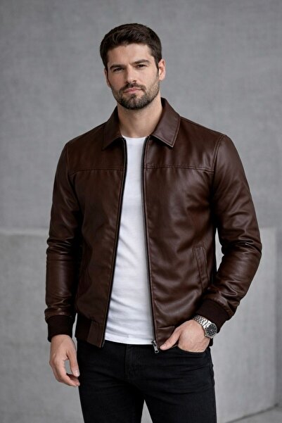 BASEL.CO Βασικό Δερμάτινο Μπουφάν με Γιακά Πόλο σε Στενή Γραμμή