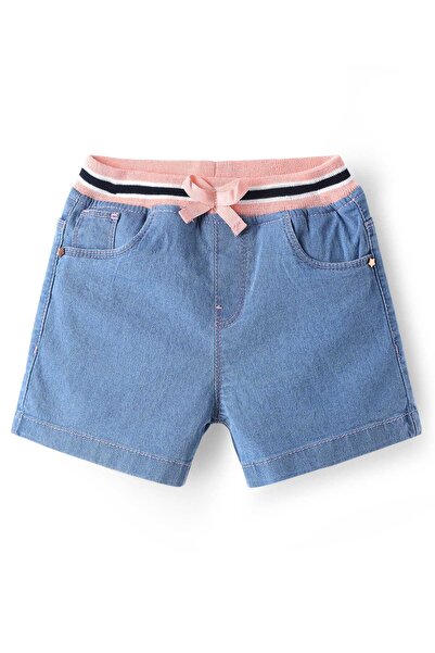 Babyhug Mid Thigh Denim Washed Shorts With Ribbed Waist - Light Blue