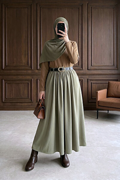 MODAQU Belted Pleated Pocketed Zippered Tivil Skirt - Khaki