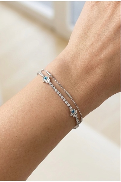 Glowisters Jewelry Işıltılı Koruma - Fatma Ana Eli Detaylı 2’li Silver Bileklik