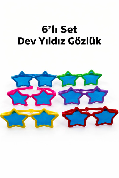PARTİPORT 6’lı Set Dev Yıldız Gözlük Renkli Parti Gözlüğü Büyük Boy Eğlence G...