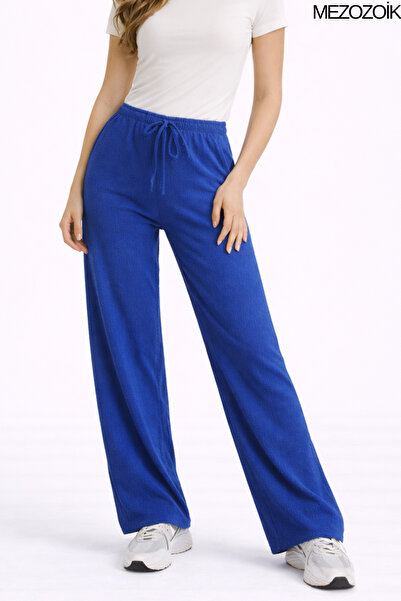 mezozoik Women's Wrinkled Fabric High Waist Loose Ribbed Summer Palazzo Trous...