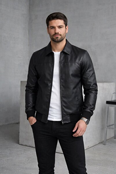 BASEL.CO Βασικό Δερμάτινο Μπουφάν με Γιακά Πόλο σε Στενή Γραμμή