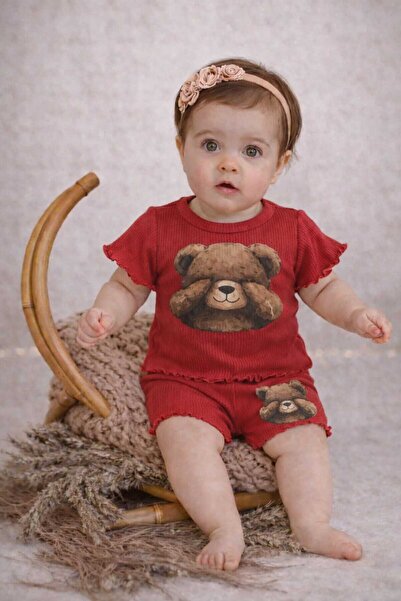 neocotton Baby Girl Teddy Bear Printed 2-Piece Ribbed Shorts Set