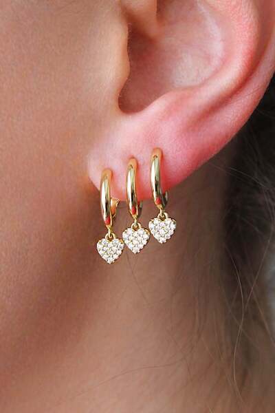 Nenya Vip Steel Triple Look Heart Detailed Stone Embroidered Hoop Earrings
