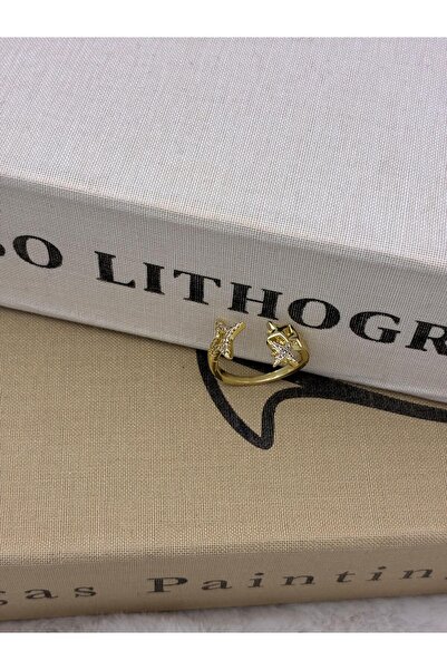 Hedef Bijuteri Gold Color Zircon Stone Star Detail Adjustable Brass Ring T2