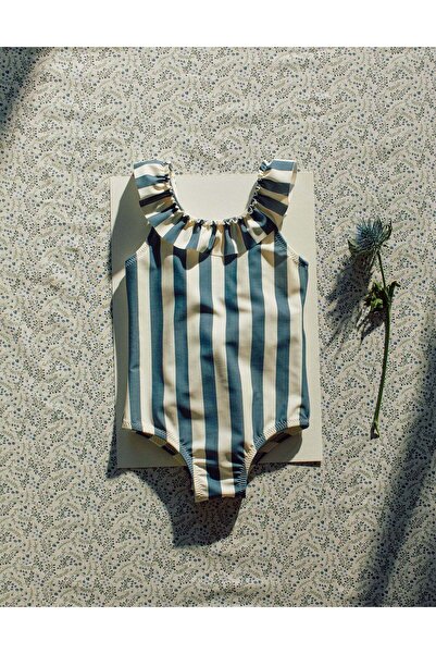 Ziddy ملابس سباحة مخططة مع كشكشة من You&Me للفتيات الصغيرات، أبيض/أزرق