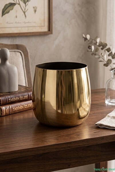Yapay Çiçek Sitesi Metal Cezve Saksı 13 cm Altın