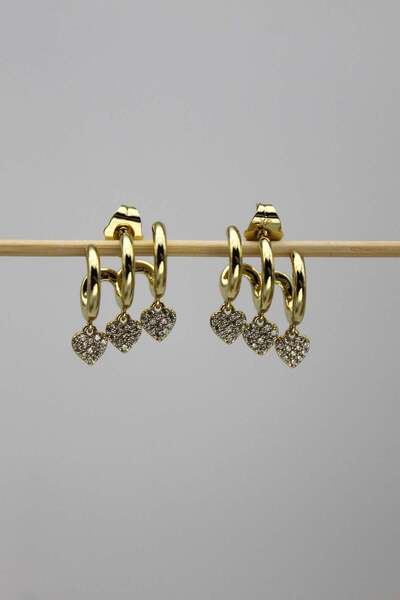 Nenya Vip Steel Triple Look Heart Detailed Stone Embroidered Hoop Earrings