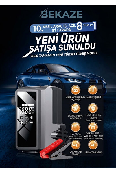 BEKAZE 30000mAh 5000A Profesyonel Akü Takviye Lastik Şişirme Kompresör Vakum ...