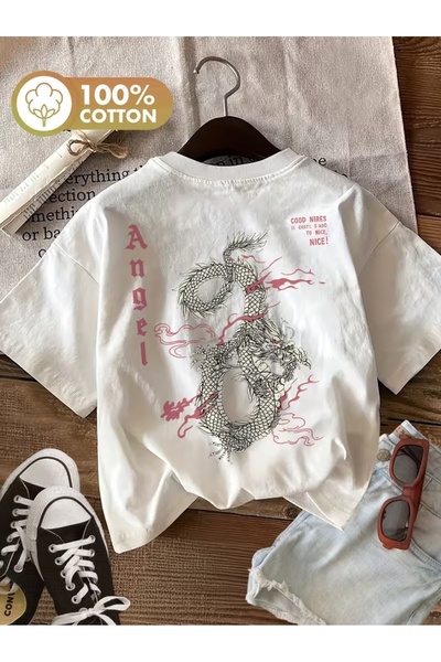 texila Unisex Angel Dragon Printed Oversize Crew Neck T-Shirt