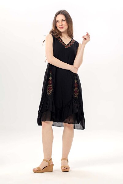 Eliş Şile Bezi Αμάνικο φόρεμα Begüm με λαιμόκοψη V, καλοκαιρινό, κεντημένο, α...