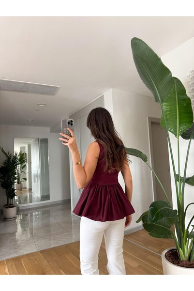 MODAMERSİ Women's Burgundy Belted V-Neck Blouse