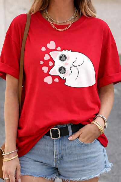 ArtYus Χαριτωμένο μπλουζάκι Unisex Oversize με στάμπα αθώας γάτας που βλέπει ...