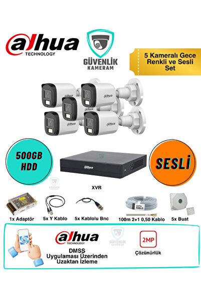 DAHUA 5 Kameralı Gece Renkli Güvenlik Seti 2MP Sesli 500GB HDD 8 Kanal XVR AH...
