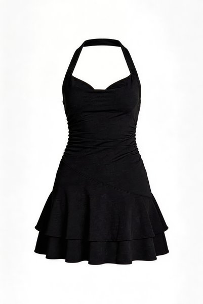 Evelora Black Strappy Mini Dress |   Women's Halter Neck Flounce Ruffle Short Dress