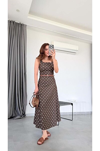 pelin yıldız butik Kahve Zico Puantiyeli Kare Yaka Kemerli Elbise