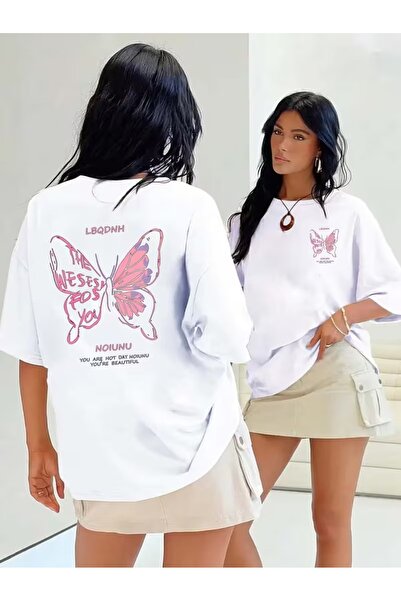 puolikuu Unisex άνετο μπλουζάκι με στάμπα ροζ πεταλούδας
