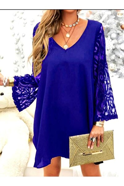 WellWay Red Sleeve Tulle V-Neck Sandy Fabric Dress-Blue