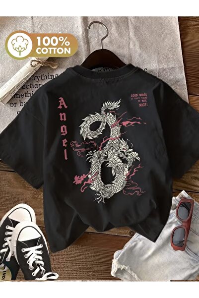 texila Unisex Angel Dragon Printed Oversize Crew Neck T-Shirt
