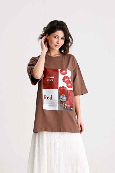 Women's Coffee Oversize Printed Cotton Short Sleeve T-shirt 31103