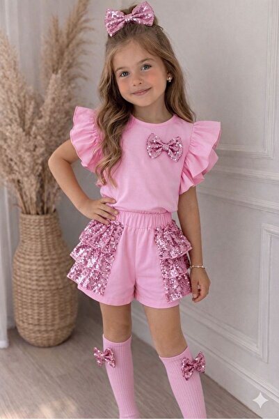 TREND NATURAL Kız Çocuk Fırfırlı Payetli Şort Takım - 4'lü Set (Toka ve Çorap...