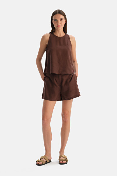 Dagi Dark Brown Linen Lyocell Blend Buttoned Shorts