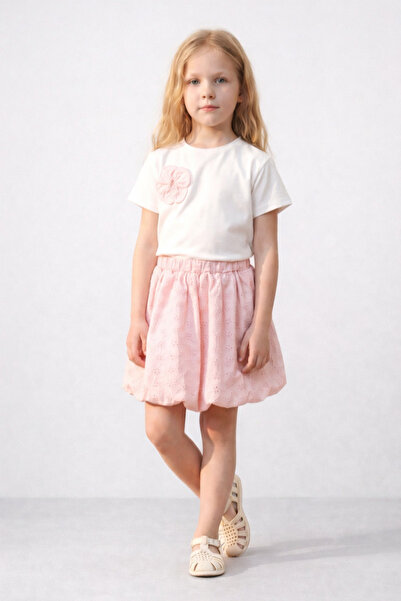kr kids Girl's Floral Detailed T-Shirt & Skirt Set (White-Pink)