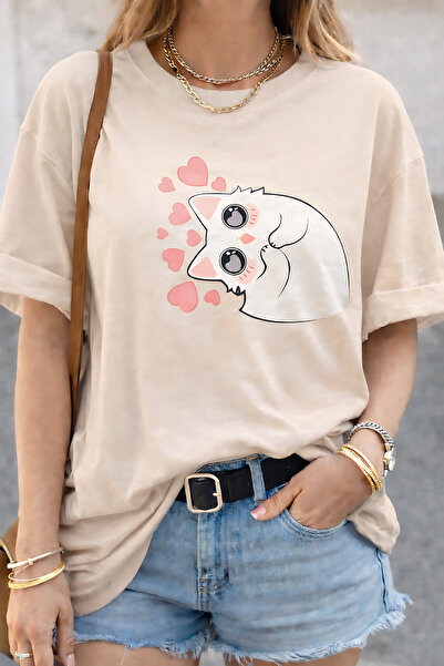 ArtYus Χαριτωμένο μπλουζάκι Unisex Oversize με στάμπα αθώας γάτας που βλέπει ...