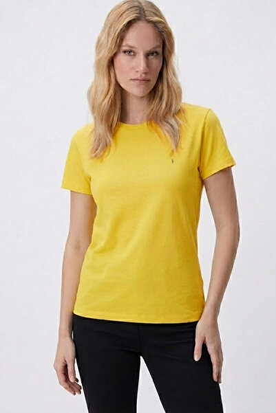 MATERIAL Tricou galben larg de vară pentru femei, cu decolteu tip crew neck