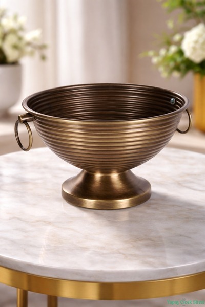 Yapay Çiçek Sitesi Metal Çizgili Küpeli Vazo 17 cm Bronz