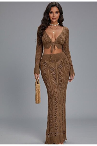 Sea Style Γυναικείο Πλεκτό Σετ Δύο Τεμαχίων: Διάτρητο Πλεκτό Κροπ και Μακριά ...