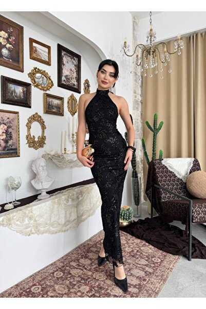 conconmoda Simli Halter Yaka Balık Model Abiye Gerne Elbise