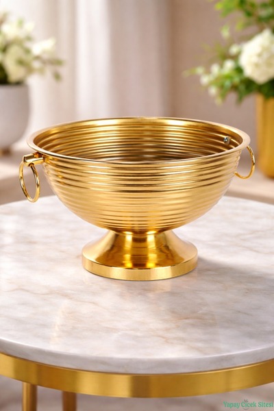 Yapay Çiçek Sitesi Metal Striped Earring Vase 17 cm Gold