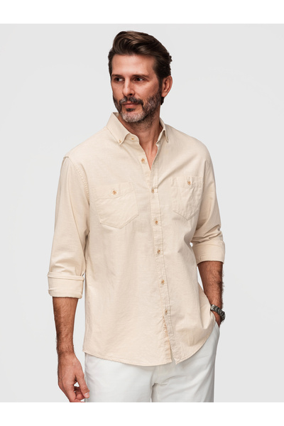 OMBRE Ανδρικό Πουκάμισο Λινό Βαμβακερό Ελαφρύ K706 Κρεμ