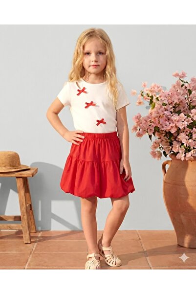 kr kids طقم تي شيرت وتنورة بتفاصيل فيونكة للفتيات (أبيض-أحمر)