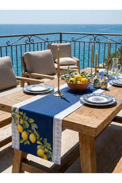 CANİLA EPHESUS Limon Deseni Lacivert Bordürlü Runner 45 x 145 Cm