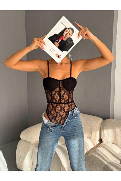 ELBEY Kadın Dantel Detay Transparan Şık Bodysuit